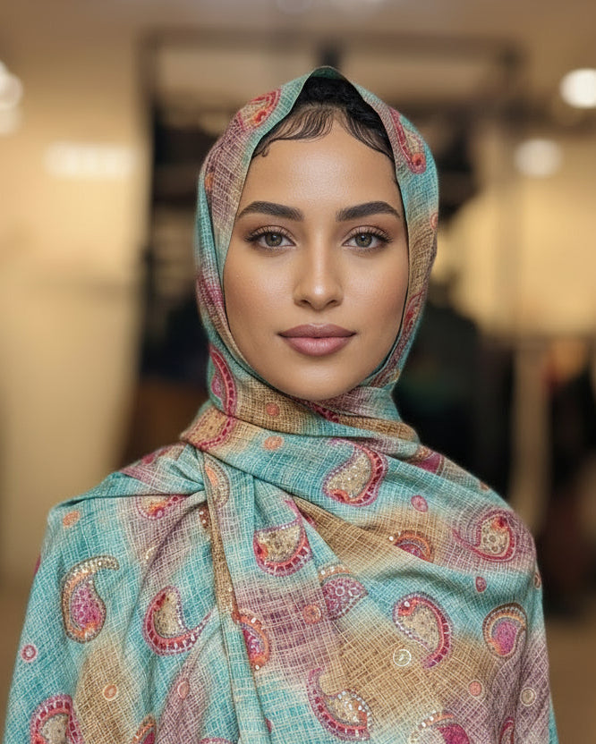 Paisley Print Print Hijab - Turquoise+ Brown