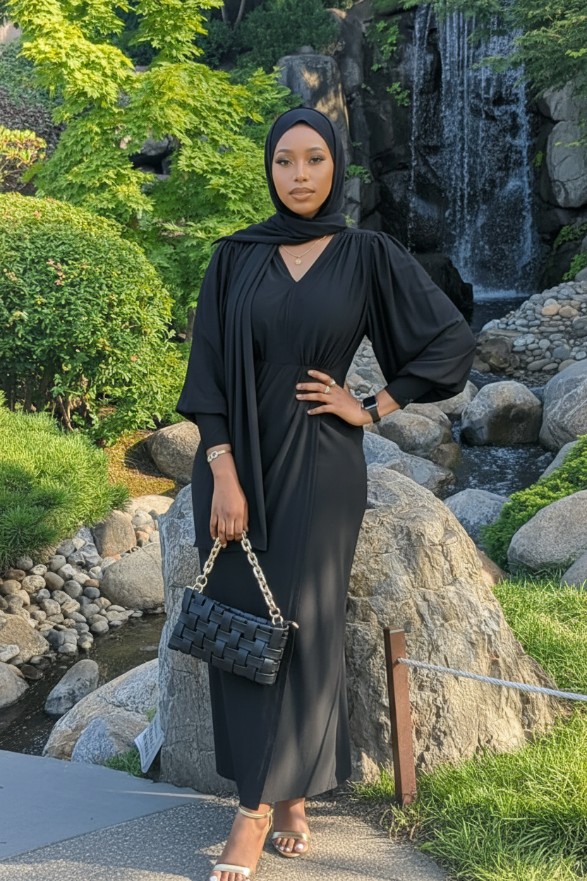 Bilan Evening Elegant Dress in Black with Stylish Puff Sleeves and a Chic Hat