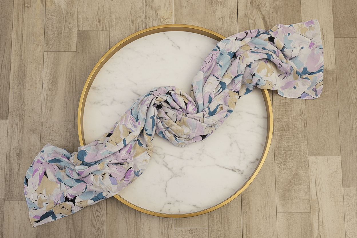 Chiffon Print Hijab — Lavender, Tan & Light Blue Flowers - ZIZI Boutique