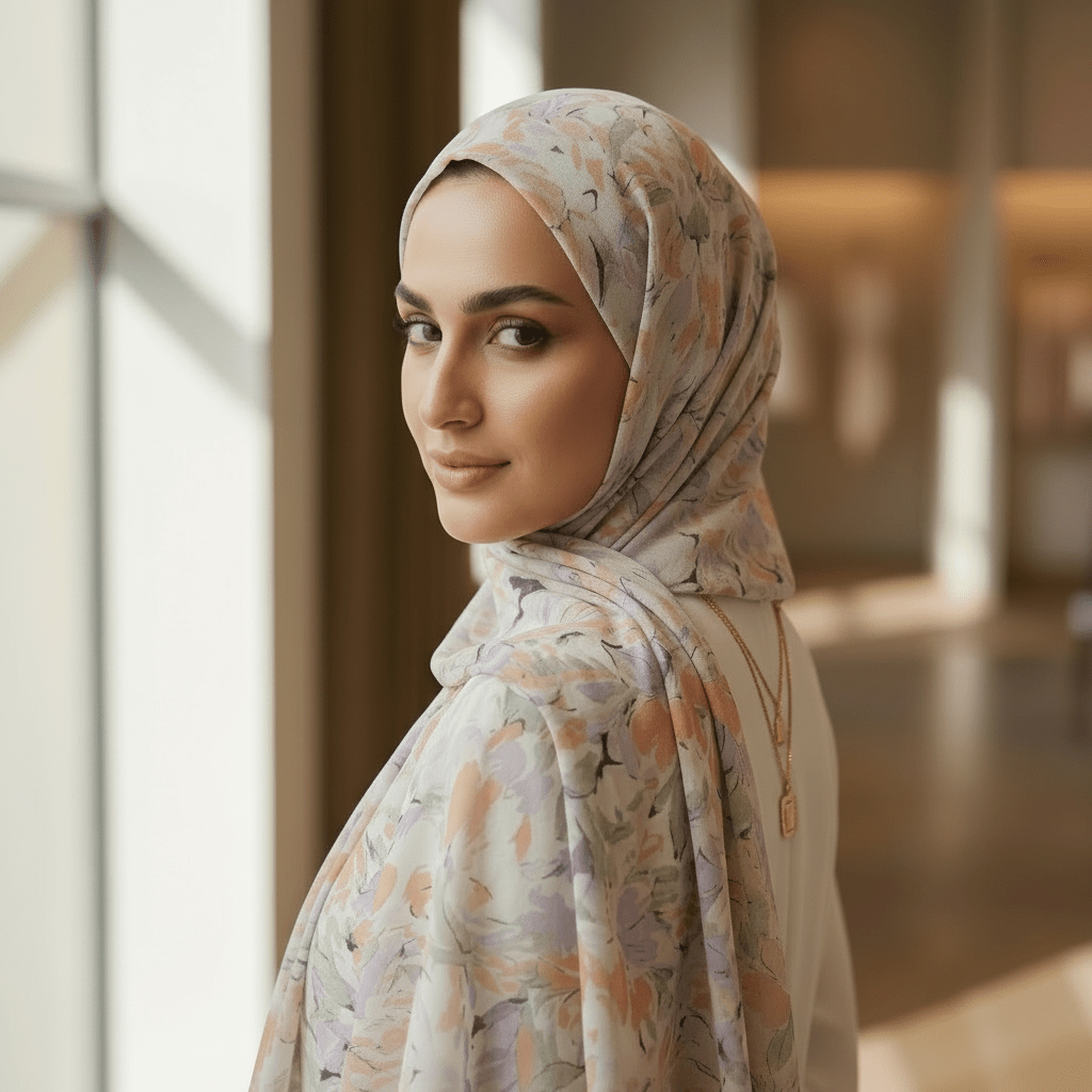 Chiffon Print Hijab — Peach, Lavender & Green Flowers - ZIZI Boutique