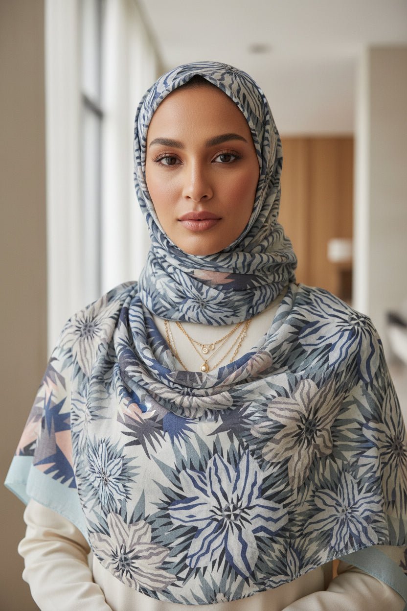 Floral Burst Print Hijab — Light Blue & White - ZIZI Boutique