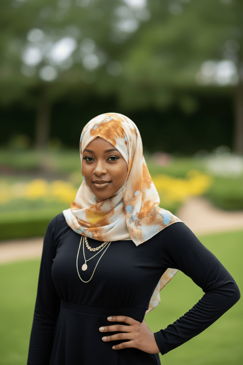 Ink Blot Chiffon Hijab Caramel Yellow Light Blue — Rectangle