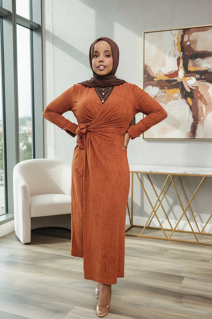 Light Suede Wrap Dress — Modest Body-Flattering Maxi