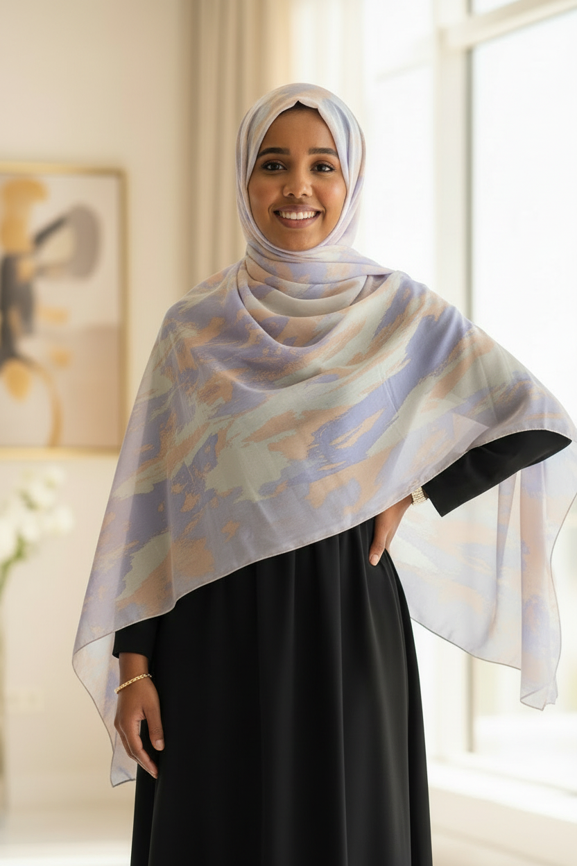 Model White Base Watercolor Hijab