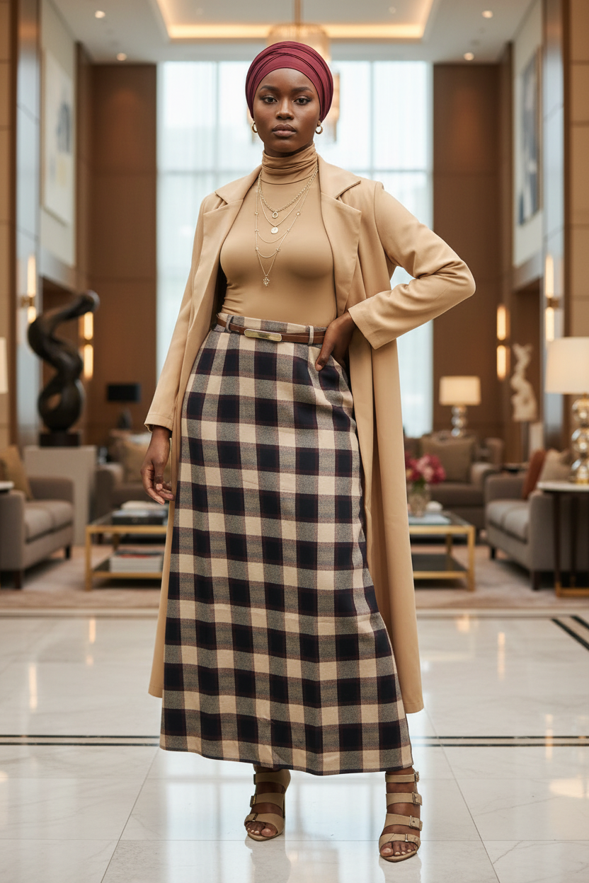 Plaid Print Women's Winter Maxi Skirt paired with beige coat and maroon scarf from ZIZI Boutique