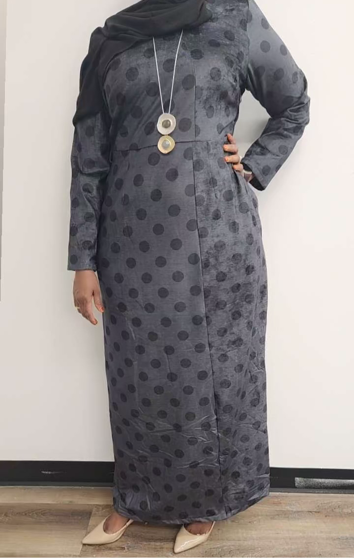 ZIZI Boutique Suede Satin Polka Dot Maxi Dress in Grey with Elegant Long Sleeves
