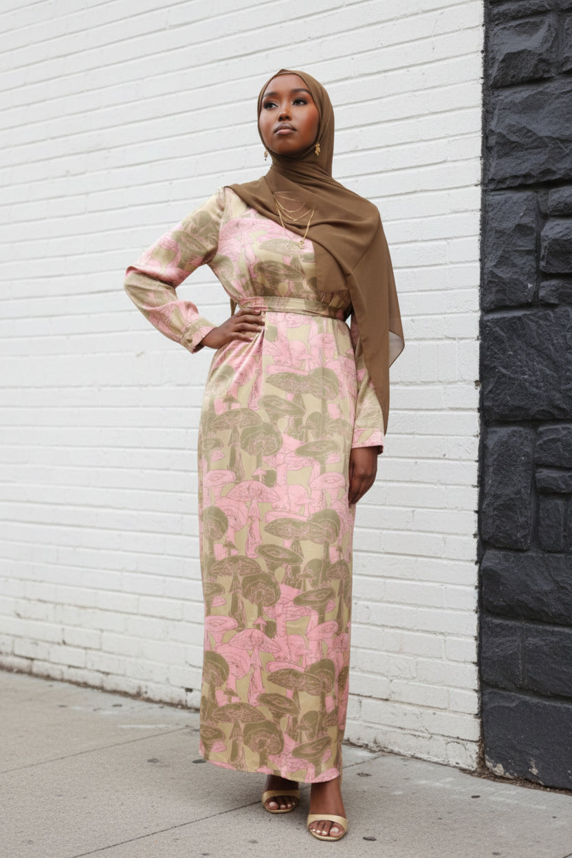 Elegant Summer Silk Satin Print Maxi Dress New Arrival in pink, olive, and golden tan tones