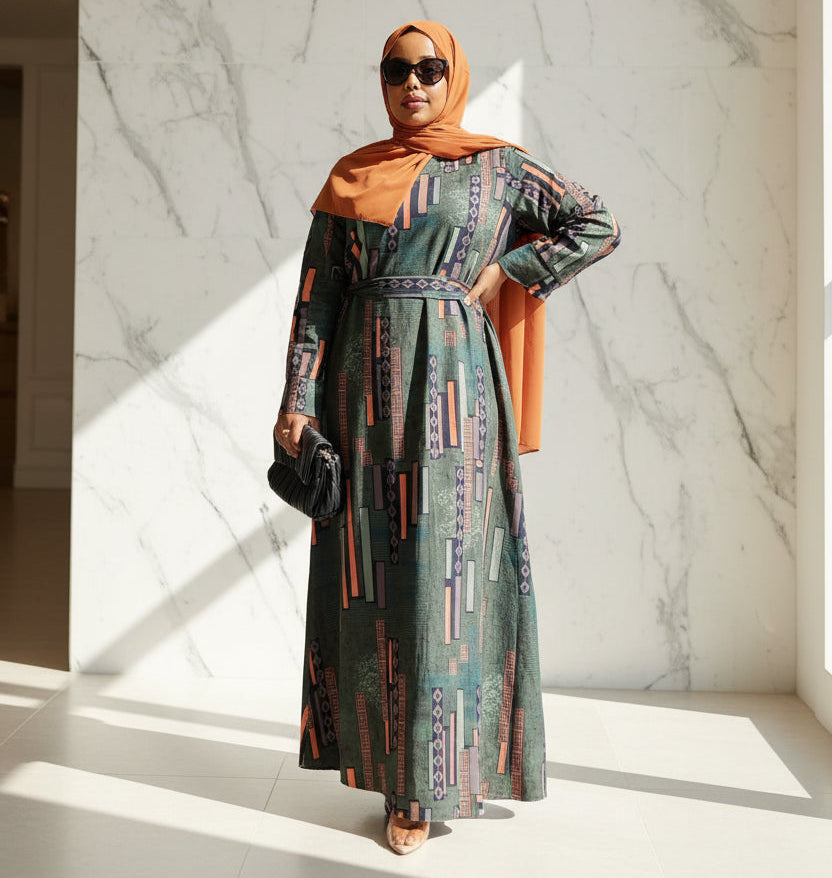 Zoraa Summer Print Maxi Dress in green geometric pattern worn with rust hijab and black clutch