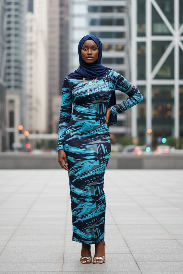 906 Bodycon Zipper Dress — Modest Long Sleeve Print Maxi