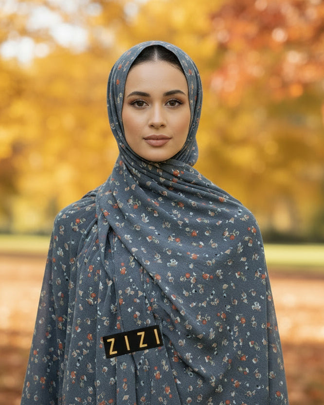 Chiffon Print Hijab - Dark Grey w/Orange + Tan Flowers - ZIZI Boutique