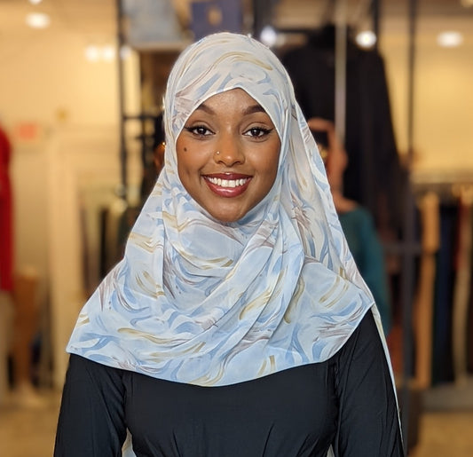 Chiffon Print Hijab - Blue & Tan Swirls - ZIZI Boutique