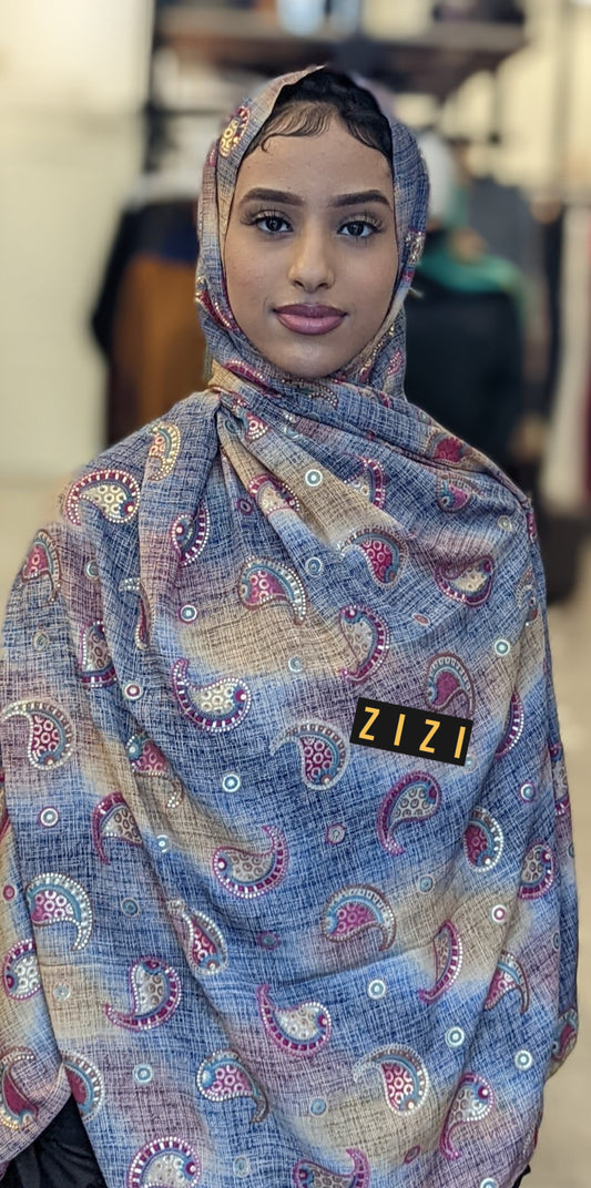 Paisley Print Print Hijab - Steel Blue + Tan - ZIZI Boutique
