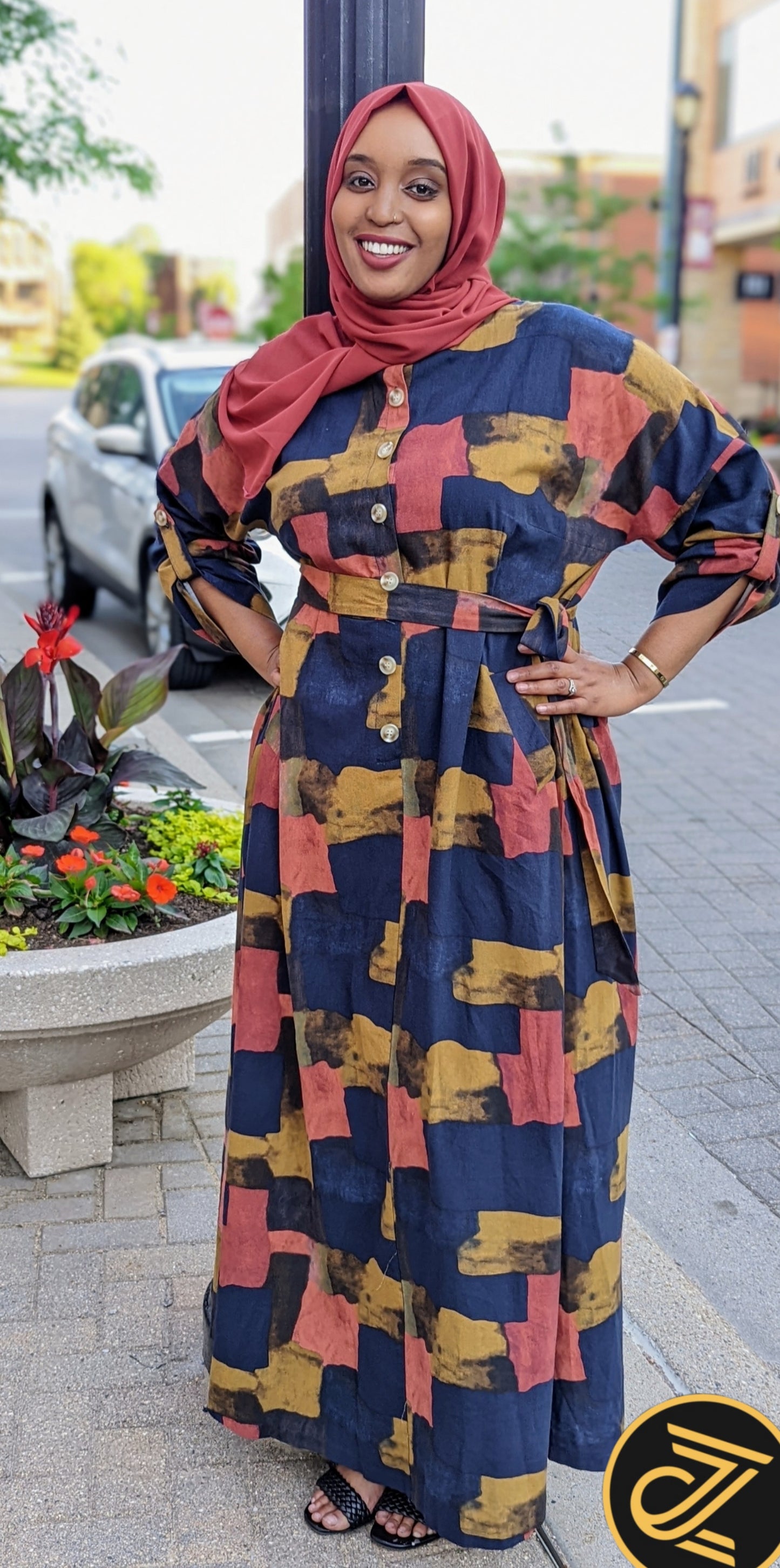 ZZ Linen Print Dress - Blocks - ZIZI Boutique
