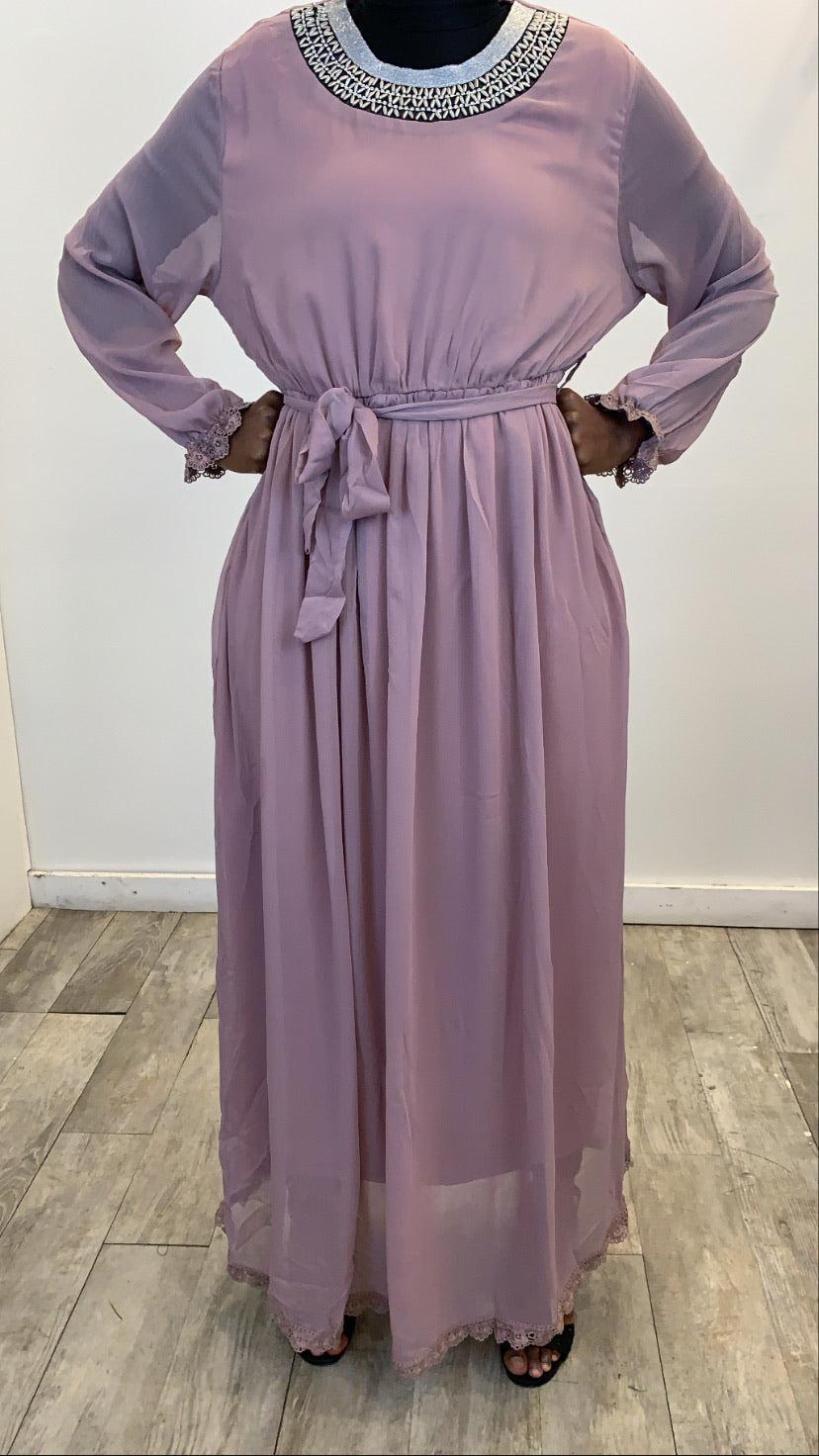 Cleopatra Chiffon Maxi Dress FINAL SALE in soft pink with elegant neckline and adjustable waist tie
