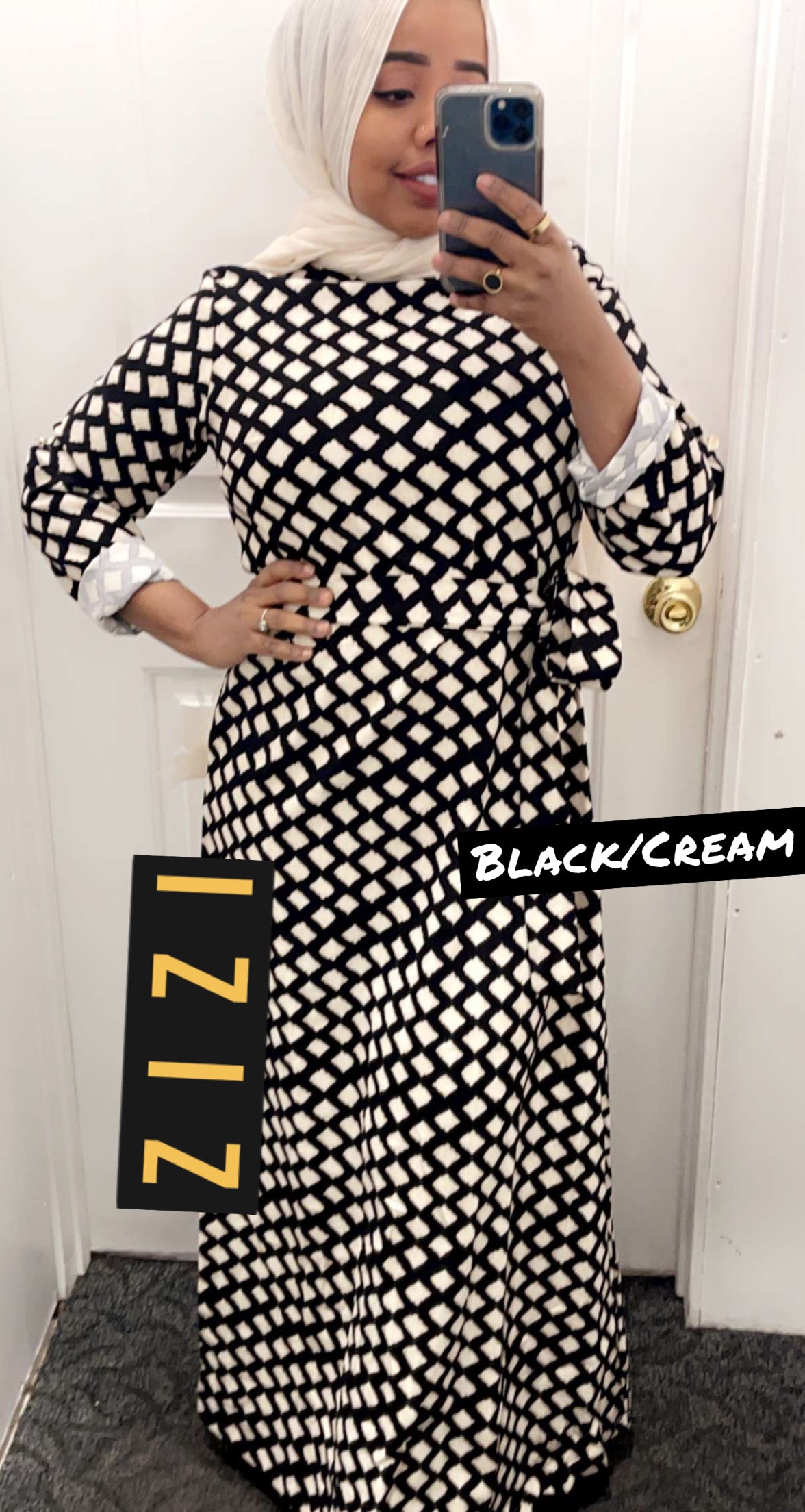 Doba Winter Dress maxi dress in black and cream geometric pattern with waist tie