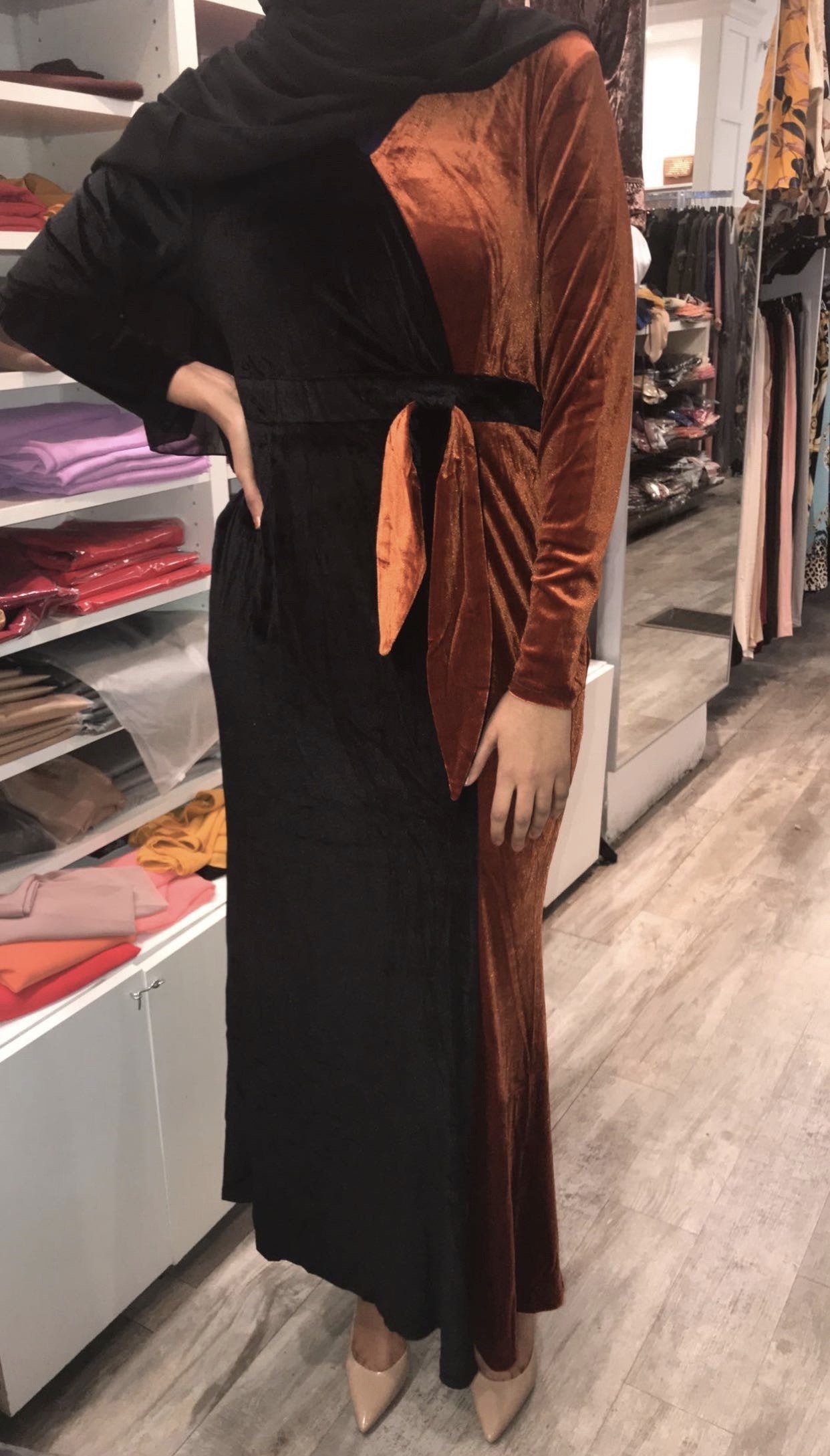 Two Tone Velvet Evening Dress in Black and Orange Colors available at ZIZI Boutique