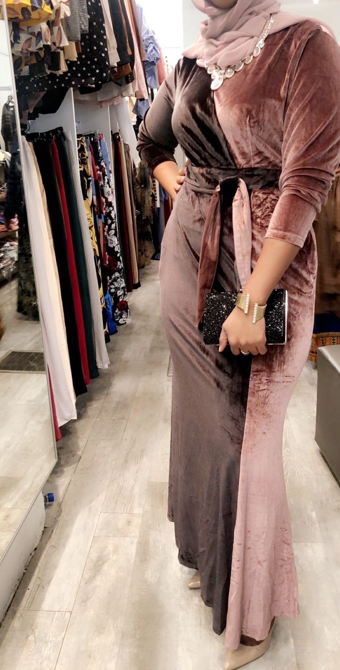 Two Tone Velvet Evening Dress in a Brown and Lavender Colors available at ZIZI Boutique