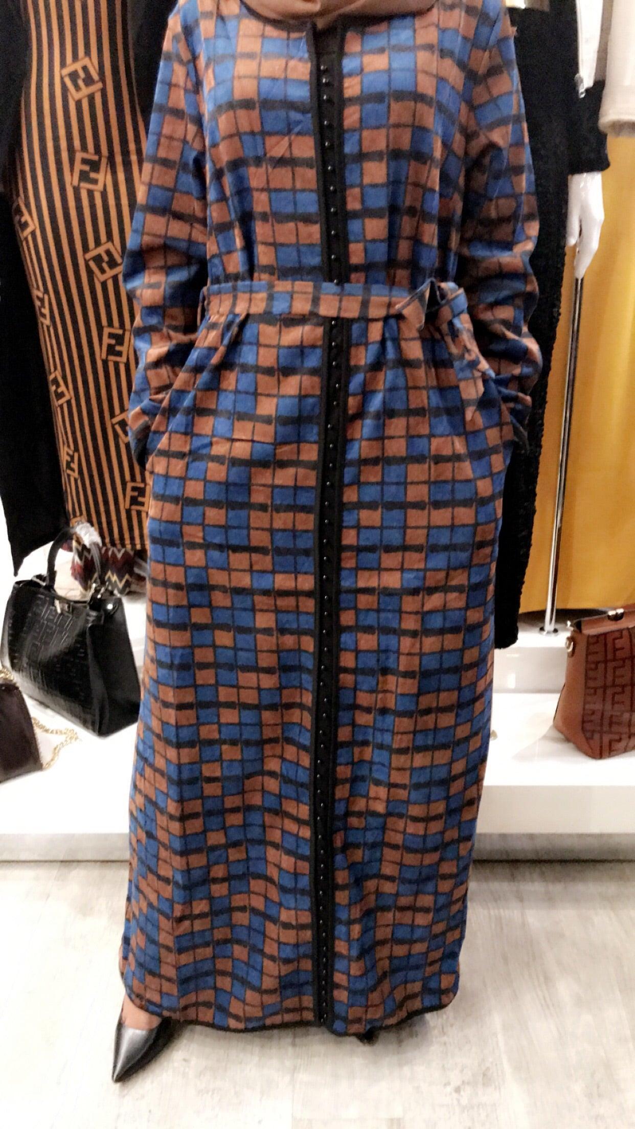 Winter Button Dress - Blue + Brown Box Print - ZIZI