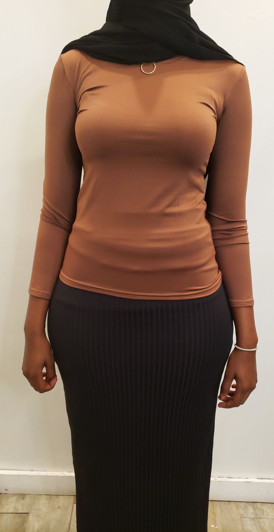 ZIZI long sleeve plain top brown dress shirt fitted style worn with black skirt