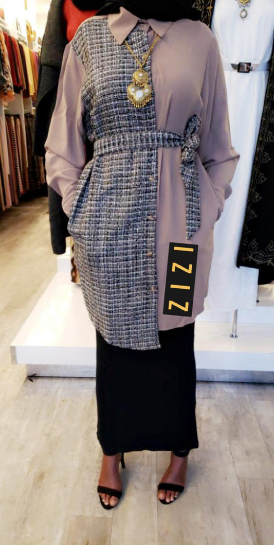 Pattern Dress Button Shirt featuring a half plaid and half solid design with belted waist and long sleeves