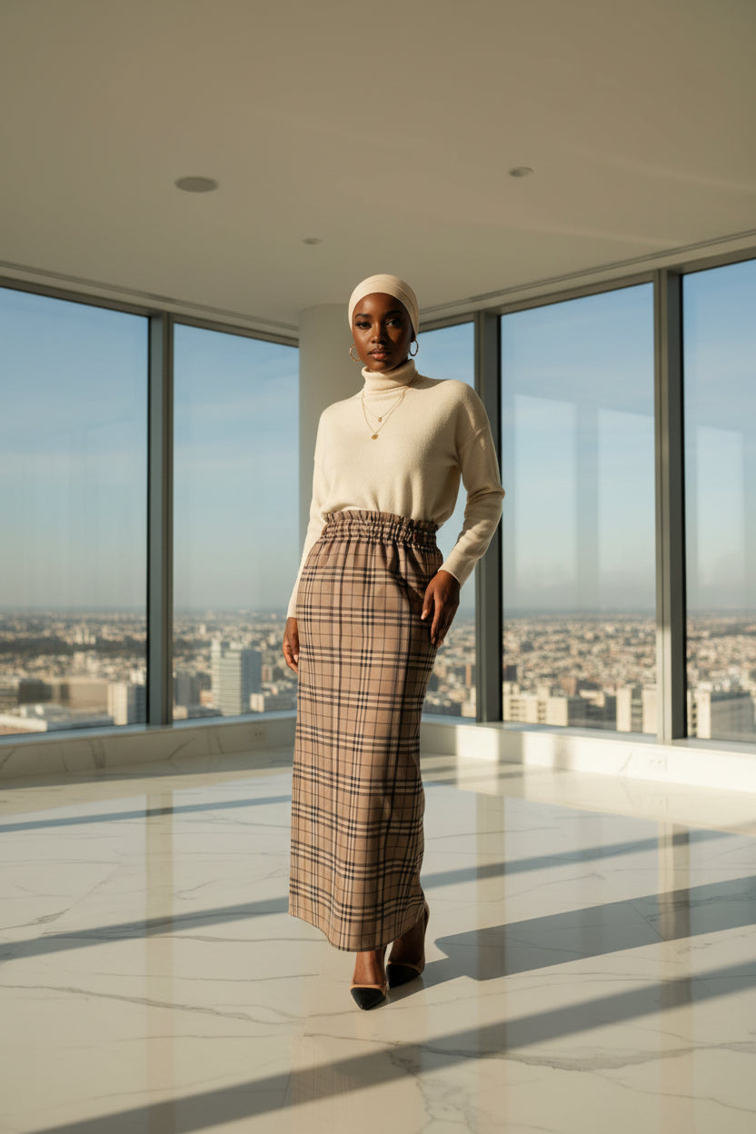 Plaid Button Women's Maxi Skirt Amazing DEAL in neutral tones with high waist and full length design