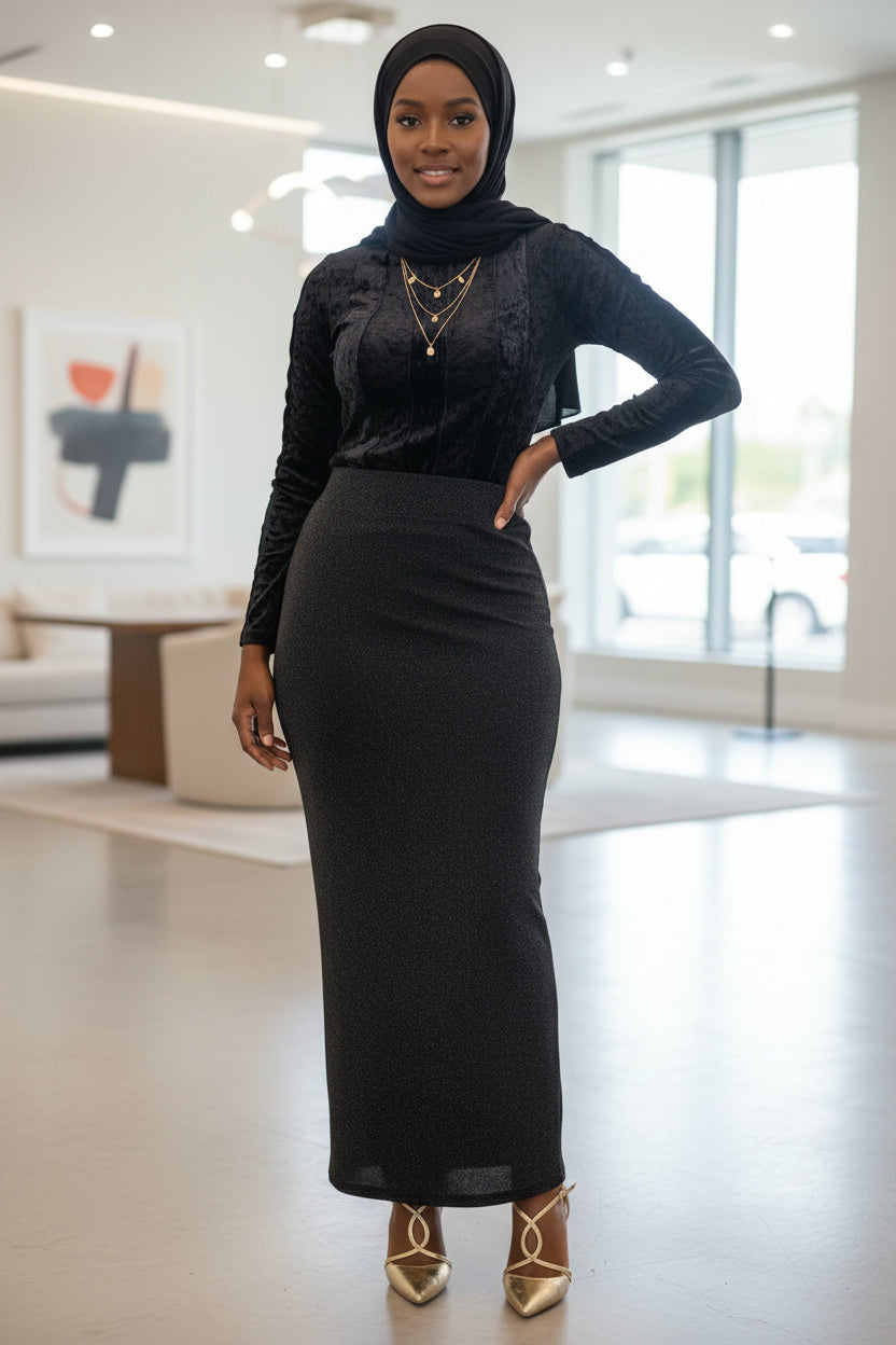 Shimmery High Waisted Maxi Skirt in black, perfect for stylish and elegant outfits