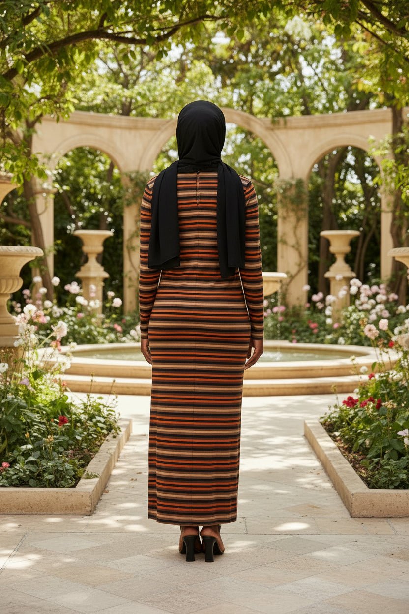 Tan Brown Orange Stripe Winter Maxi Dress - ZIZI Boutique
