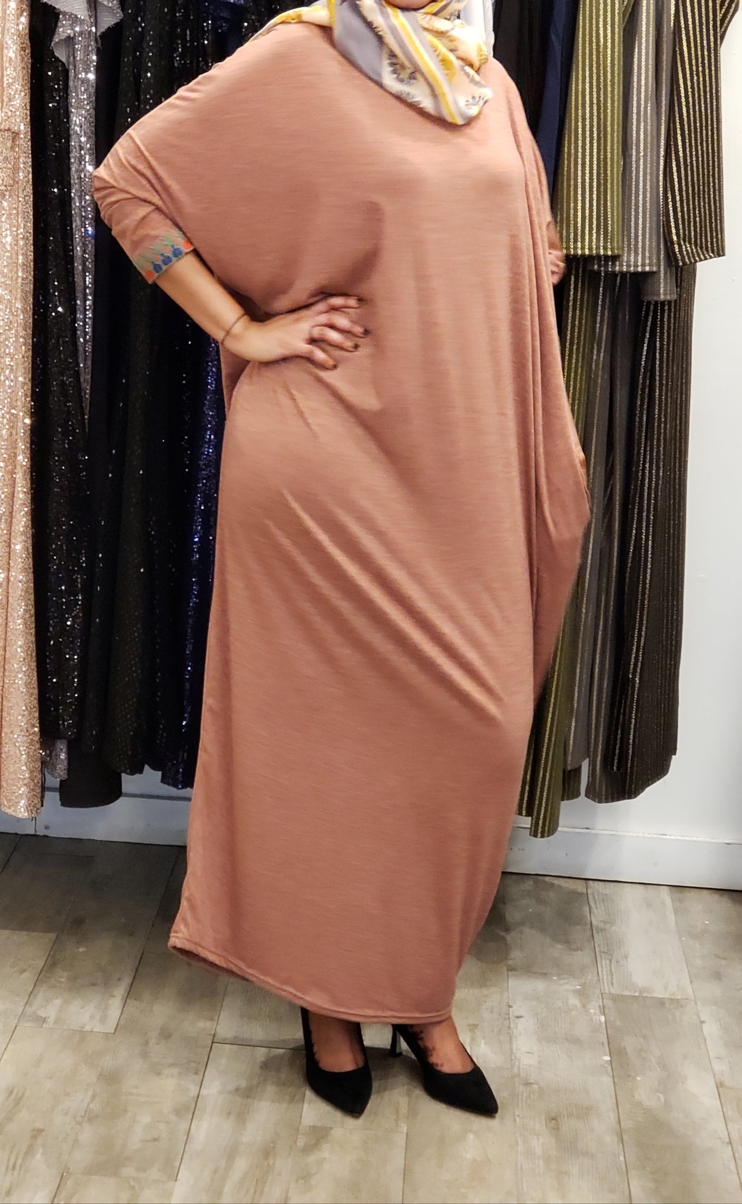 ZIZI Boutique Cotton Butterfly Dress FINAL SALE in soft brown worn with black heels and a patterned hijab