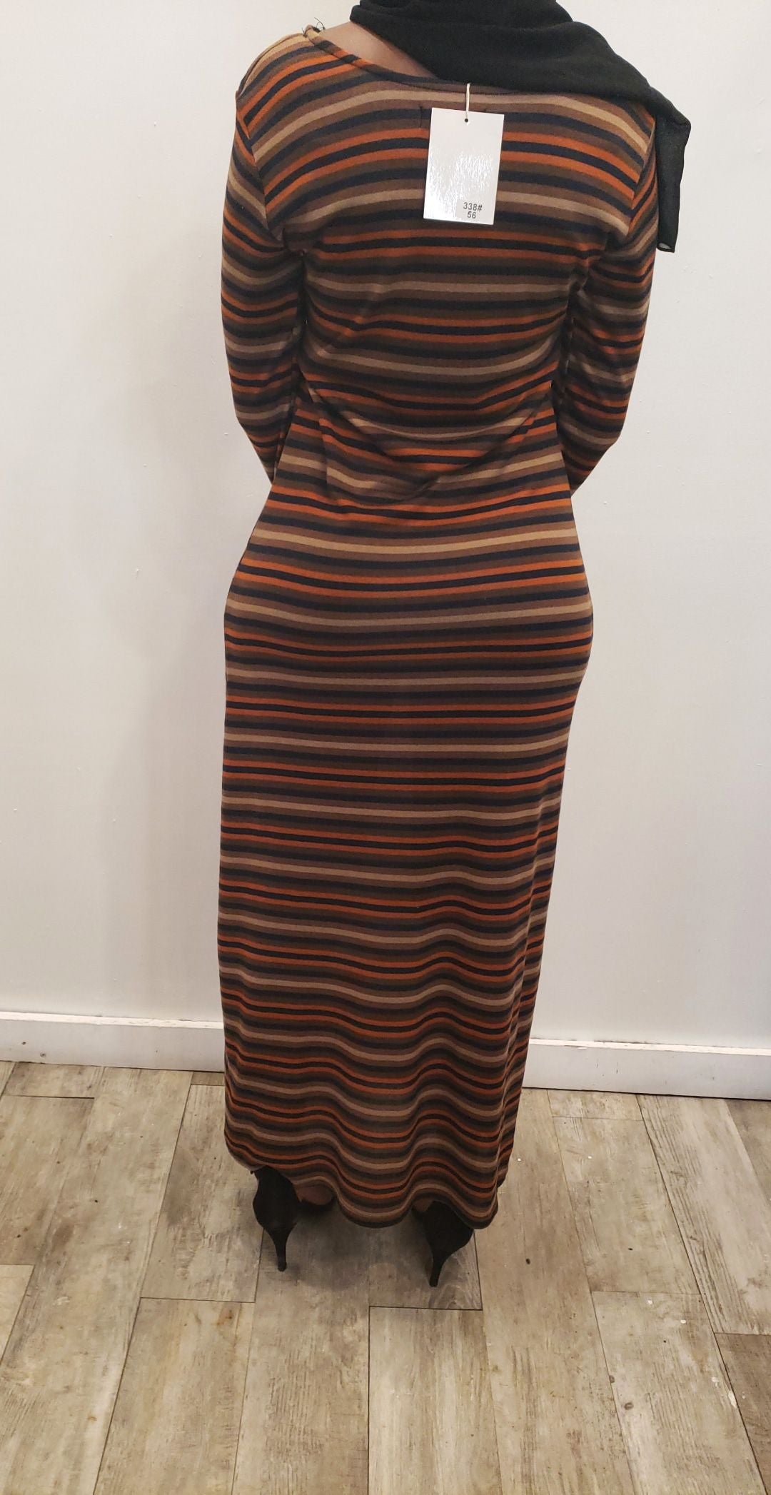 ZIZI Winter Maxi Dress Tan Brown & Orange Stripes with Long Sleeves and Maxi Pocket Design