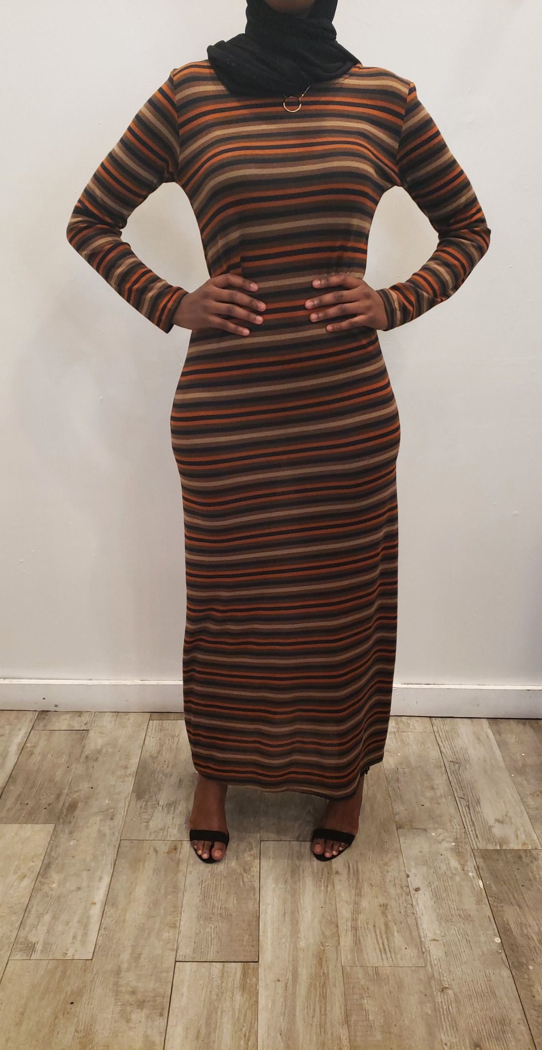ZIZI Winter Maxi Dress Tan Brown & Orange Stripes with long sleeves and pocket design