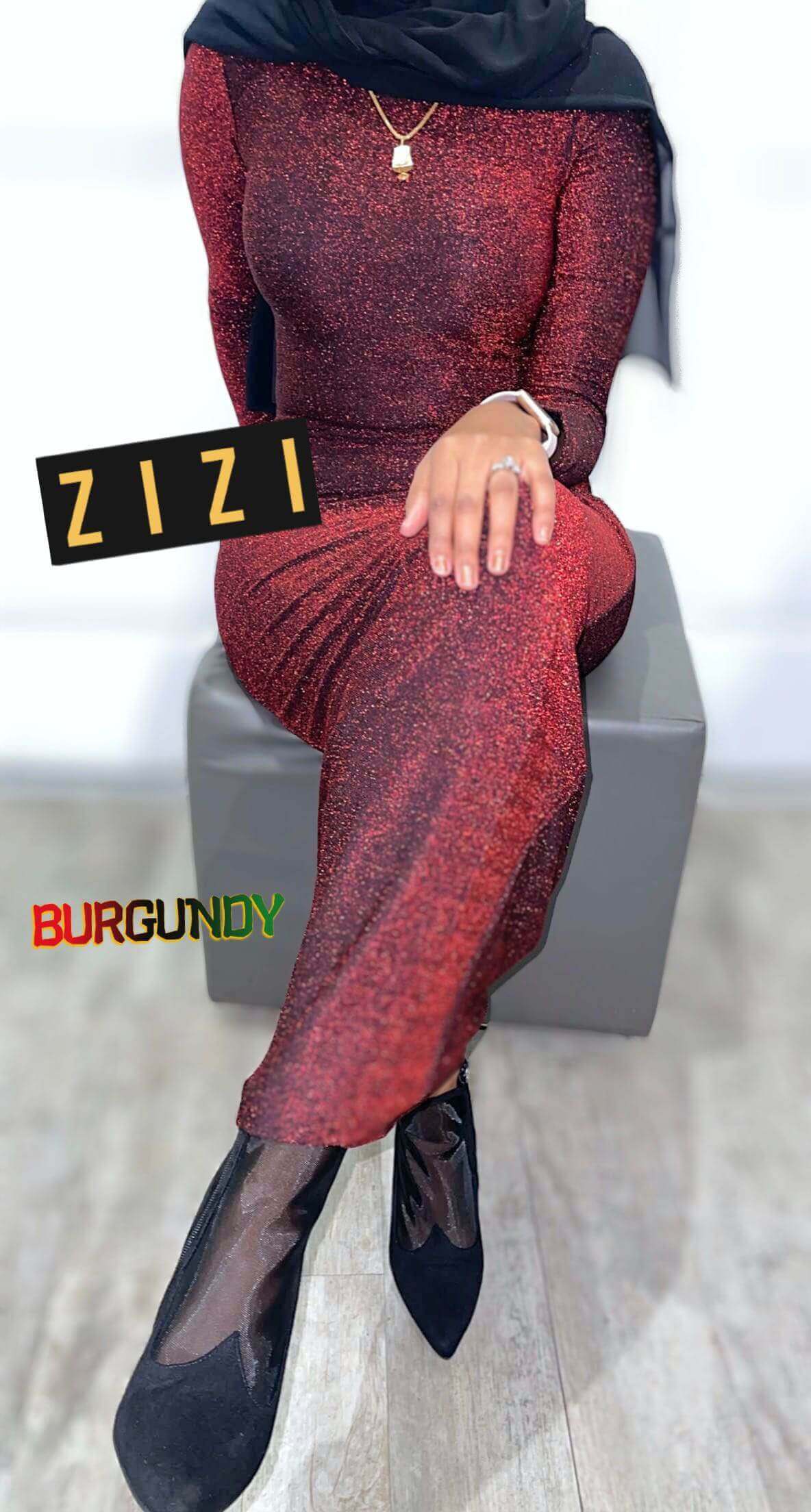 Long Sleeve Shimmery Bodycon Zipper Maxi Dress in Burgundy from ZIZI Boutique, perfect for elegant occasions