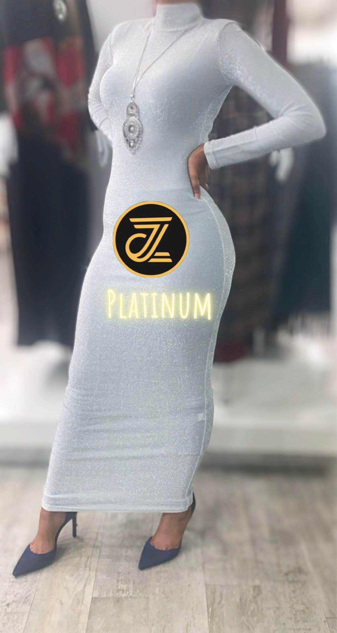 Long Sleeve Shimmery Bodycon Zipper Maxi Dress in white with fitted silhouette and high neckline.