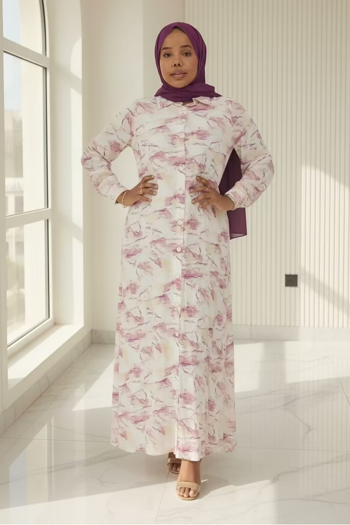 ZIZI Boutique Maysa Print Dress maxi dress with pink floral pattern worn by woman with purple hijab