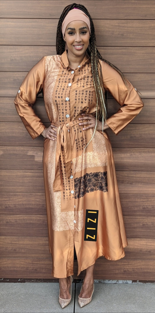 ZIZI Boutique Satin Silk Maxi Print Dress Shirt in bronze with button front and waist tie