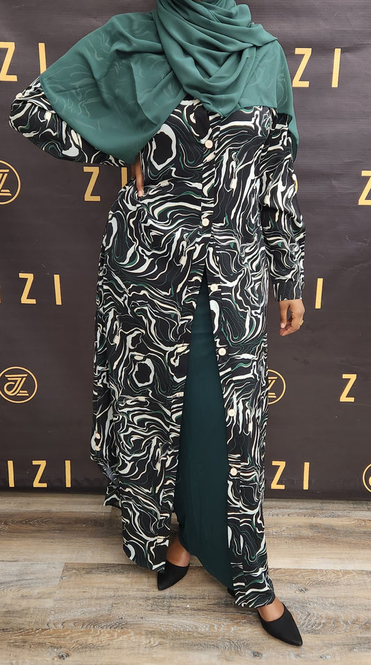 ZIZI Boutique Swirls Maxi Print Dress Shirt featuring a black and white abstract swirl pattern with button front