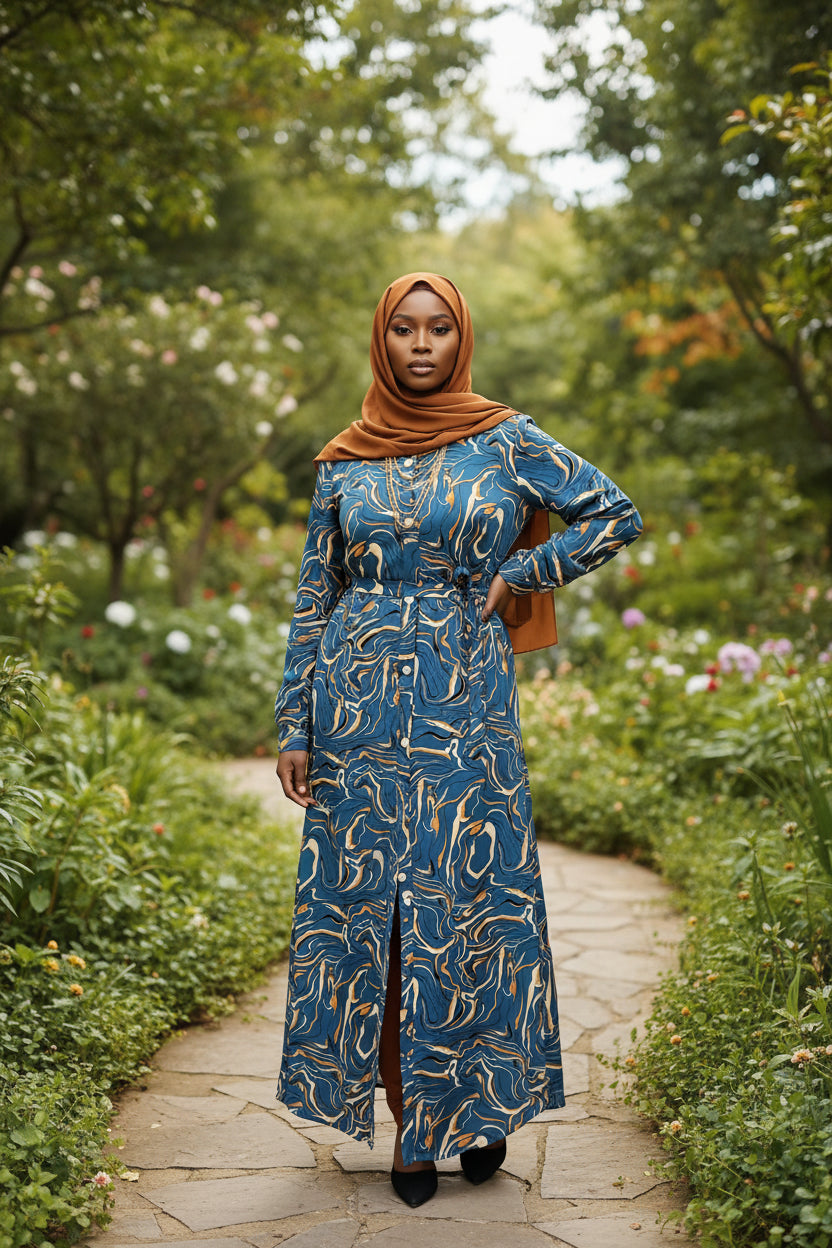 ZIZI Boutique Swirls Maxi Print Dress Shirt with long sleeves and a waist tie in blue and orange colors