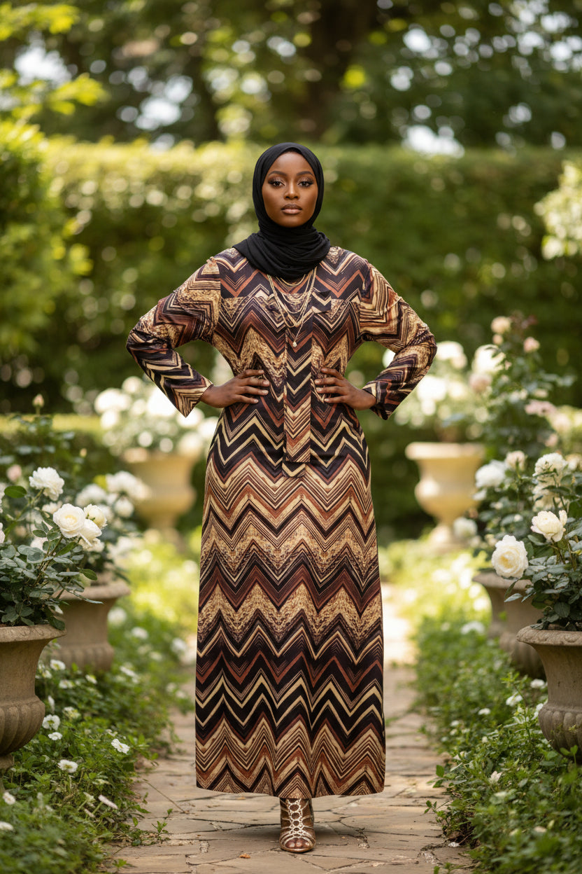 ZIZI Boutique Tie Down Print Modest Maxi Dress in Chevron Pattern with Long Sleeves