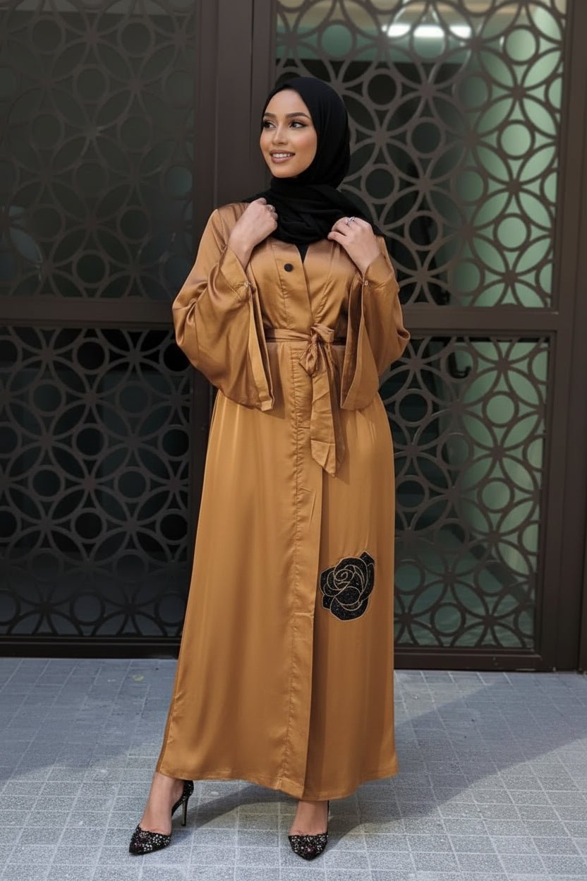 ZZ Satin Flower Kimono — Caramel - ZIZI Boutique