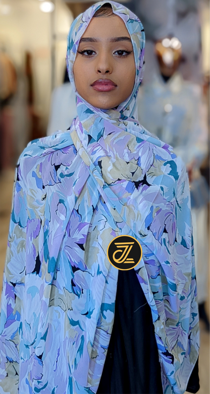 Chiffon Print Hijab - Lavender Tan Light Blue Flowers - ZIZI  Boutique