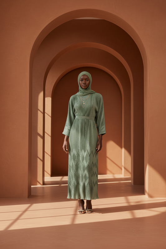 Ribbon Pleated Dress long-sleeved