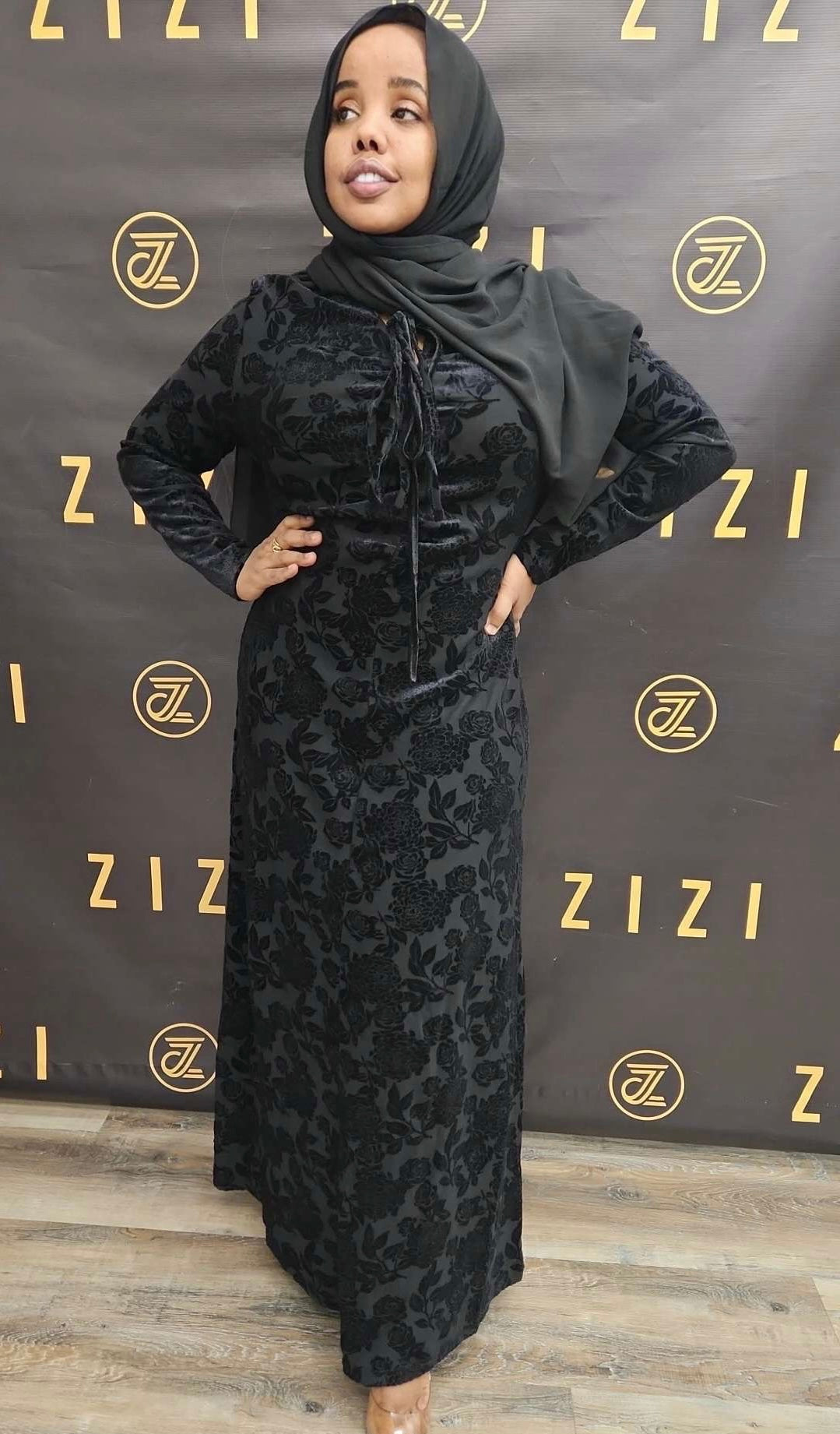 Velvet Evening Dress in a solid black color available at ZIZI Boutique 