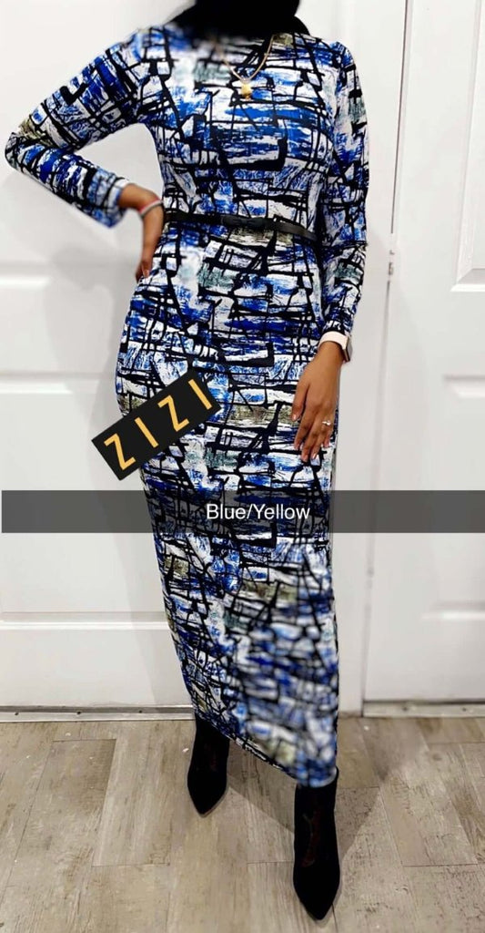 Bodycon Grafitti 906 Print Zipper Dress Blue Yellow Black