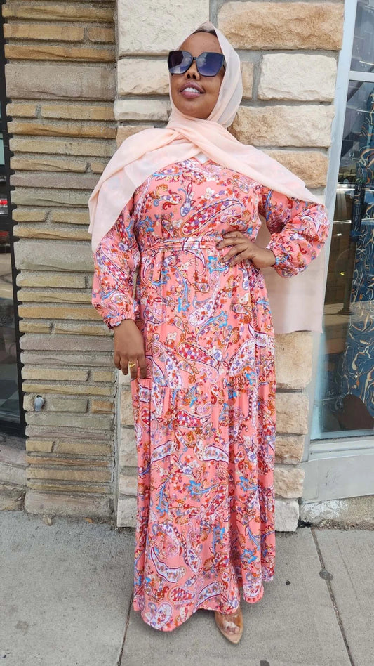 Anaam Print Maxi Dress in a Pink Color with Paisley Print design available at ZIZI Boutique