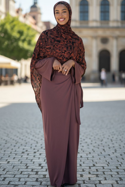 Woman in a brown dress with a patterned hijab standing on a cobblestone street.