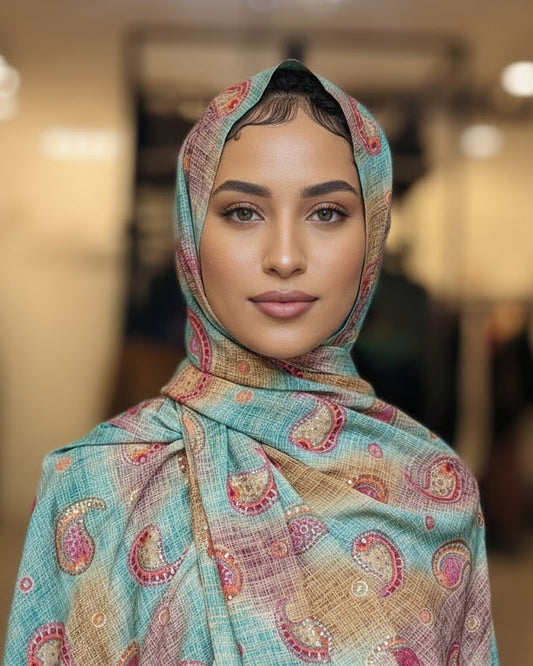 Paisley Print Print Hijab - Turquoise+ Brown