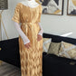 Ribbon Pleated Maxi Dress - Short Sleeved in Gold 