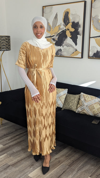 Ribbon Pleated Maxi Dress - Short Sleeved in Gold 