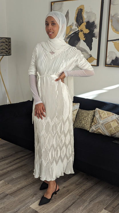 Ribbon Pleated Maxi Dress  Short Sleeved in White 