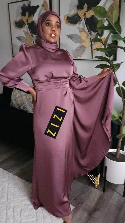 Aaliyah Satin Evening Dress for Women in Mauve with Puff Sleeves and Flowing Skirt from ZIZI Boutique