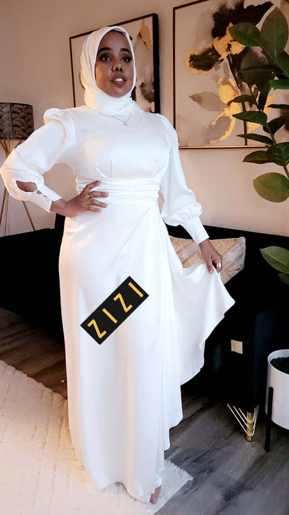 Elegant Aaliyah Satin Evening Dress for Women with long sleeves and a flowing silhouette, perfect for special occasions